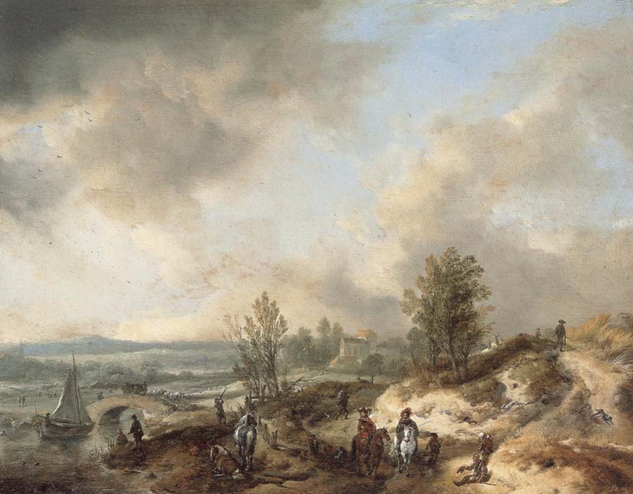 A Dune Landscape with a River and Many Figures